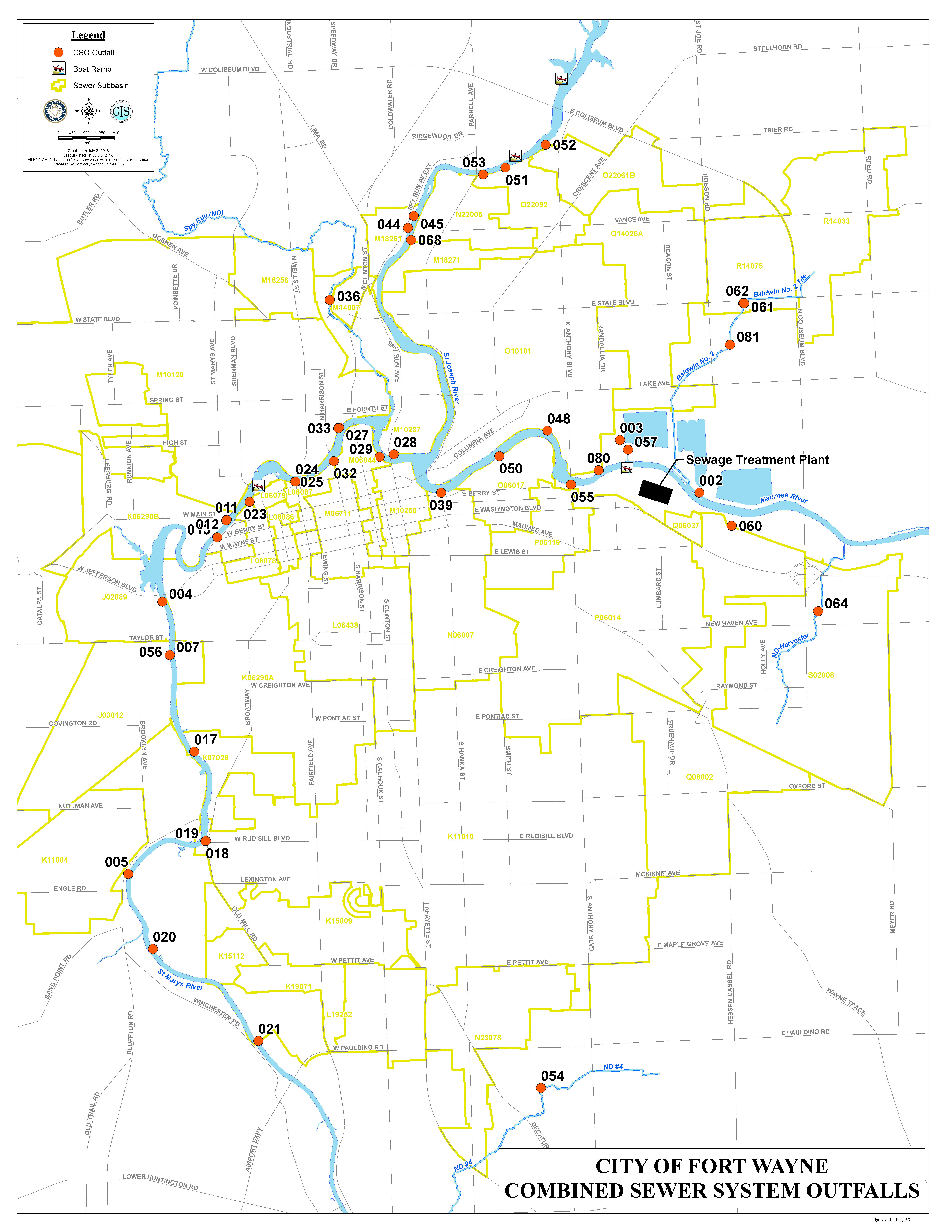 Map of Fort Wayne showing combined sewer outfall locations.