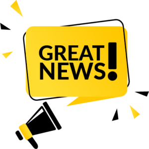 Graphic of a megaphone with a text bubble that says Great News!.