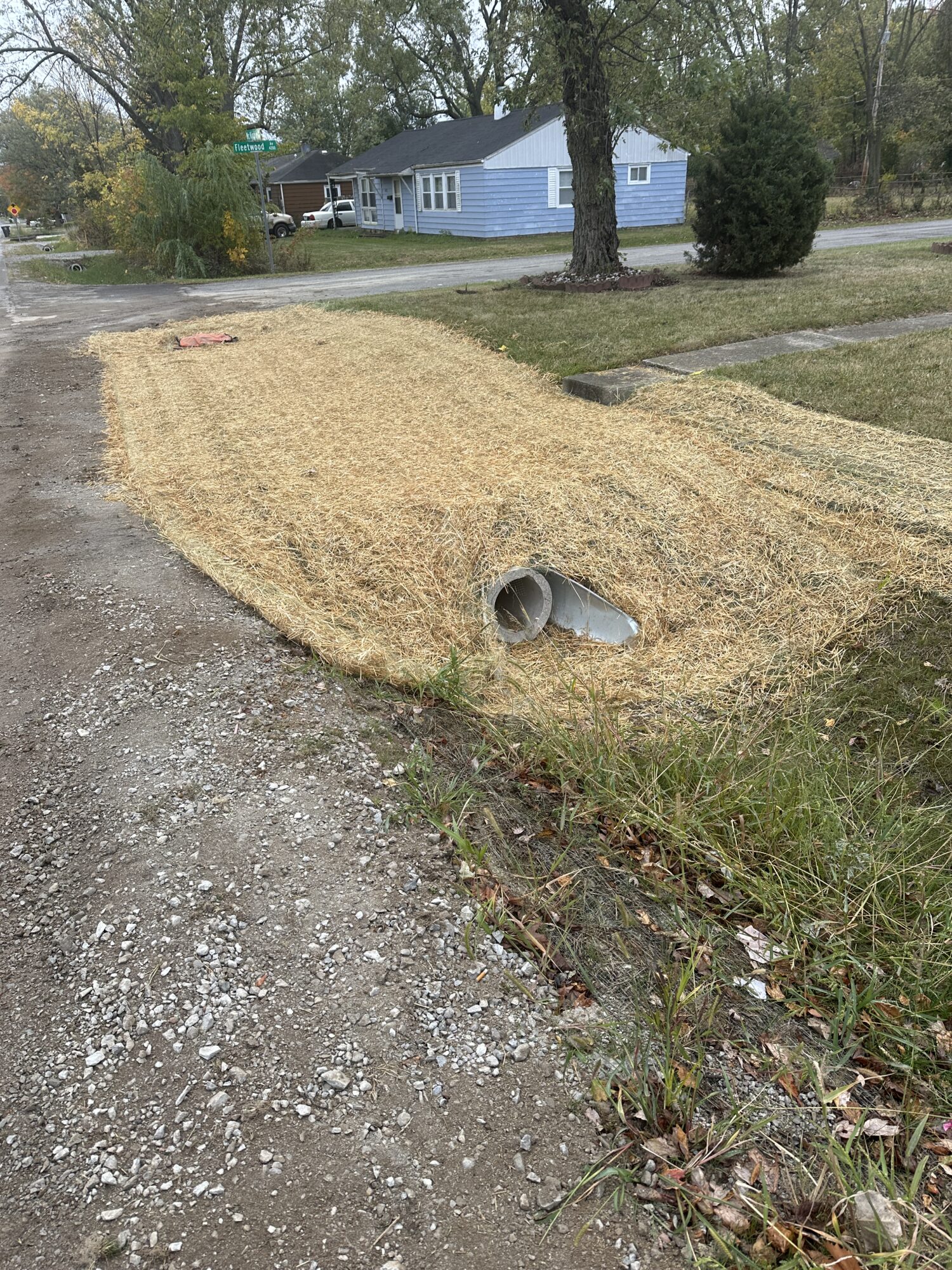 Photo of a new installed culvert with grass planted to restore the area.