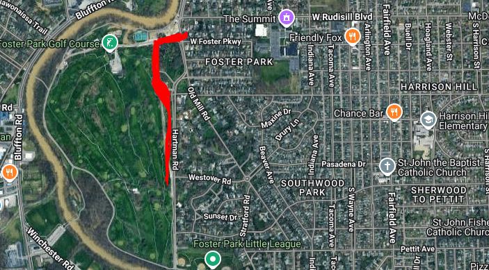 A Google Maps image of the project area for Hartman Road - Foster Park sewer project.