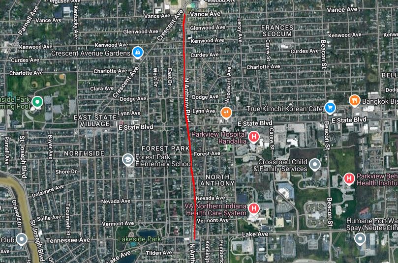 Google Maps image of the N Anthony, Vance to lake Ave project area.