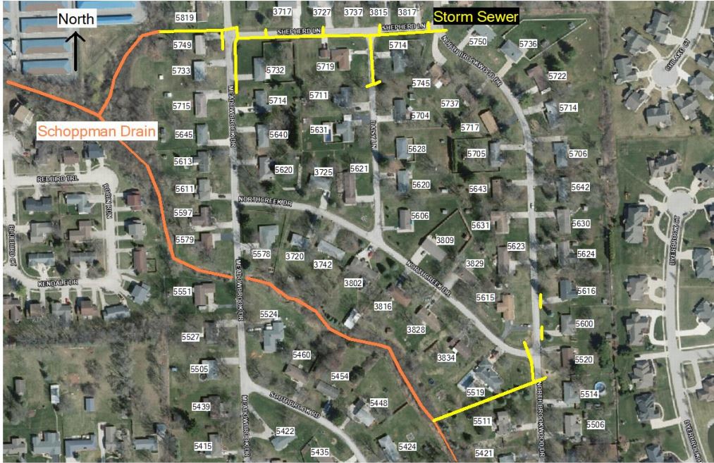 Aerial of the Sunny Meadows neighborhood with yellow lines showing where storm sewer work will be completed.