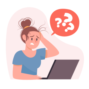 Graphic of a woman sitting in front of a laptop with a worried look on her face and a text bubble with questions marks inside.