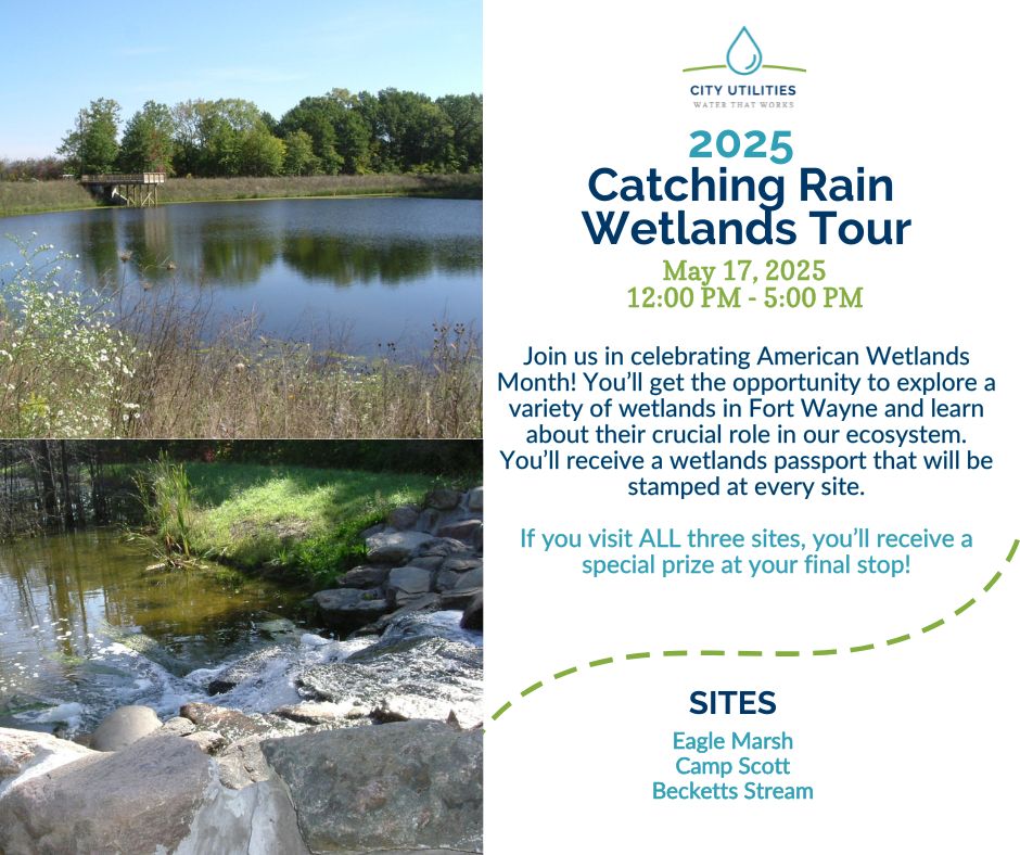 Graphic advertising the 2025 Catching Rain Wetlands Tour on May 17 from 12 PM to 5 PM. 