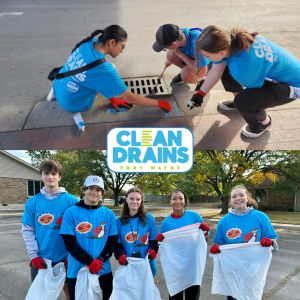 Clean Drains graphic showing volunteers cleaning and marking storm drains.