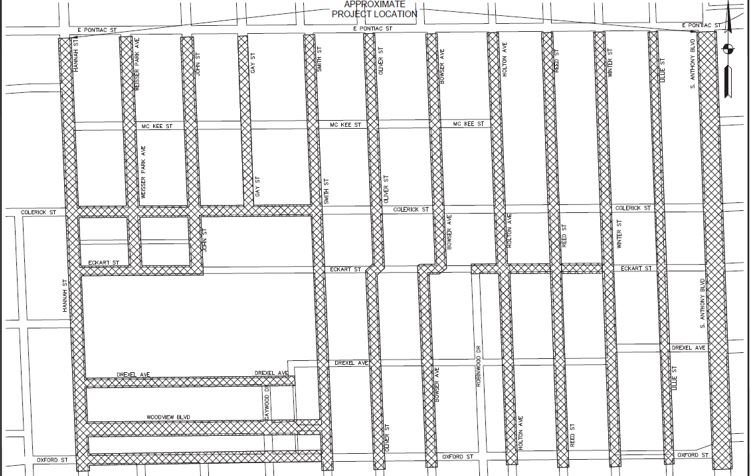 A graphic of Tract 28 site map for water main replacement.