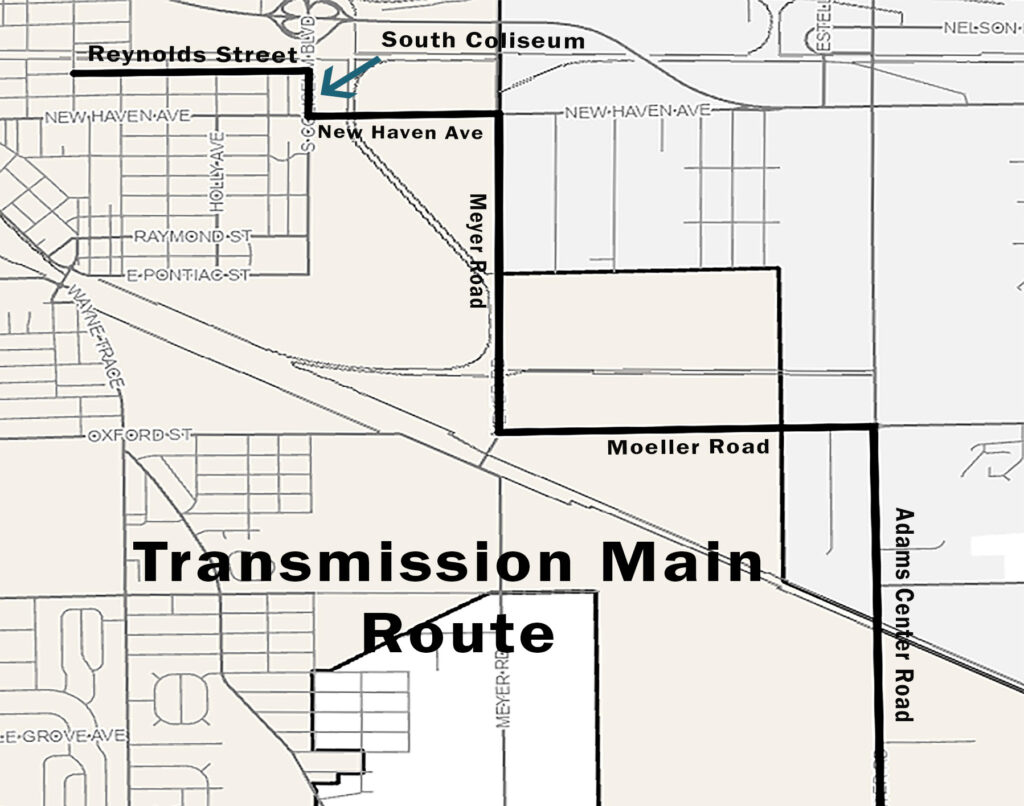 East Transmission main new path Map showing the transmission main route of heading east on Reynolds Street, then south on South Coliseum Blvd., then west along New Haven Ave., then south along Meyer Rd., then east long Moeller road, and then south along Adams Center Road.