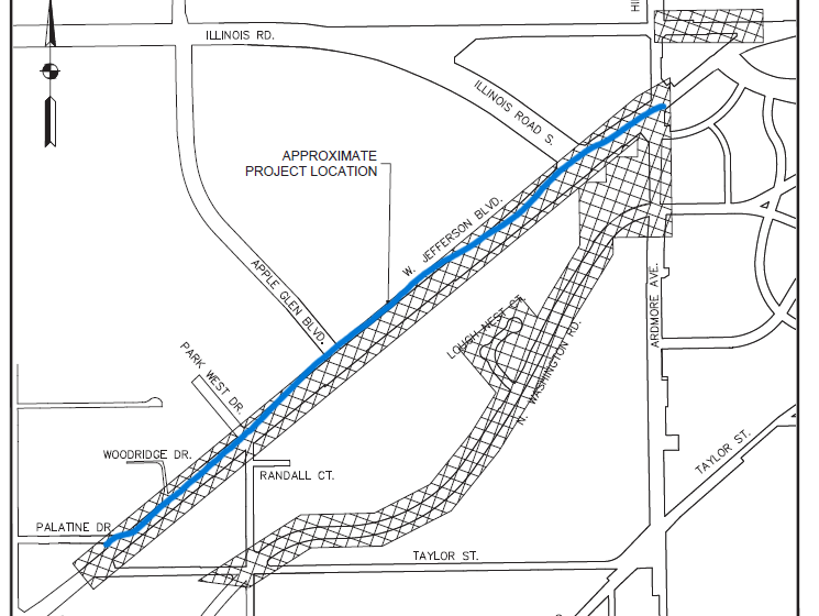 A blue line indicating W Jefferson Boulevard for the Westwood Fairway project.