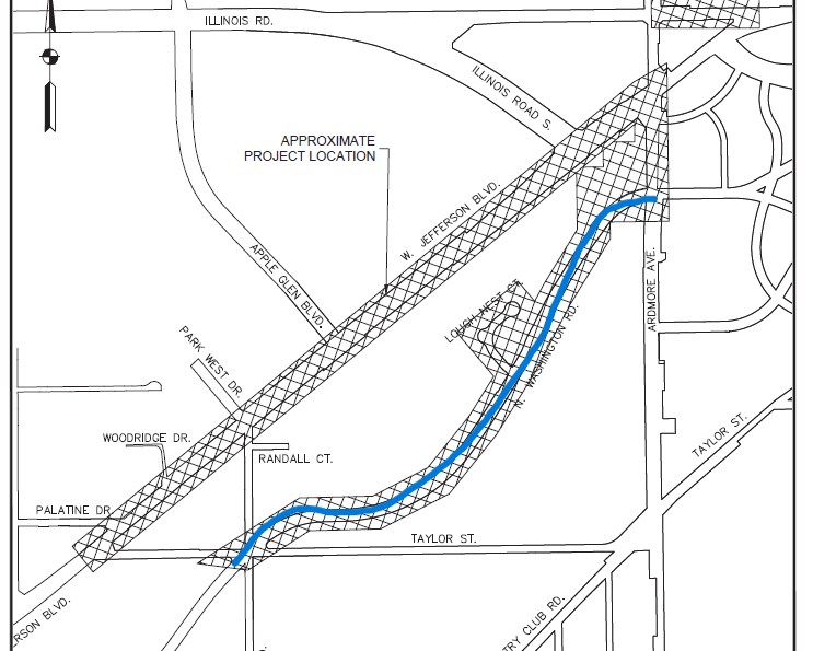 A diagram with a blue line along N Washington Road for the Westwood Fairway Water Main Replacement project.