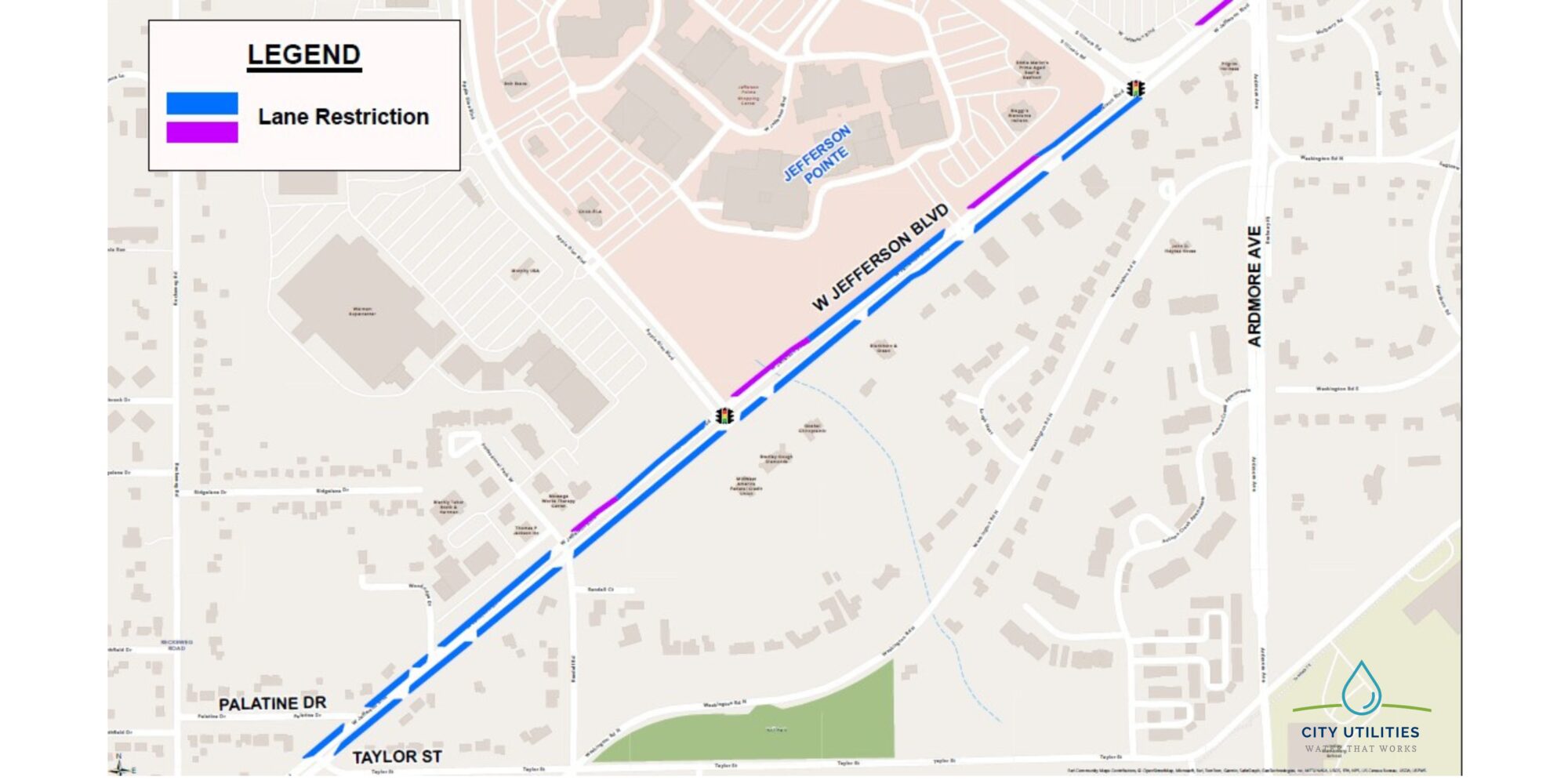 A project map overview of the W. Jefferson lane restriction.