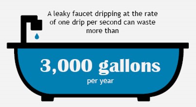 Informational graphic that states a leaky faucet dripping at the rate of one drip per second can waste more than 3,000 gallons per year. Graphic is a dripping bathtub faucet.