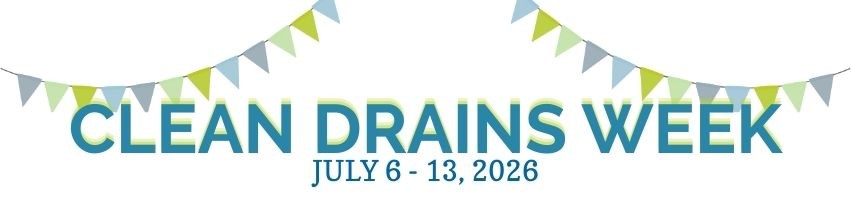 facebook banner - 1 Clean Drains Week banner with ribbons hanging in the corner.