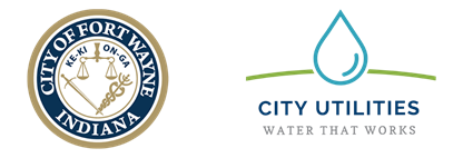 Two side‑by‑side logos: the circular City of Fort Wayne emblem and the City Utilities logo featuring a water droplet above the text “City Utilities – Water That Works.”
