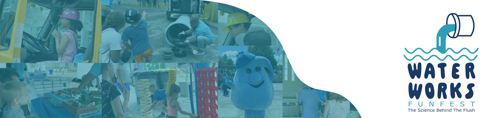 Collage of kids doing water-themed science activities at an outdoor festival with a Water Works Fest logo on the right.