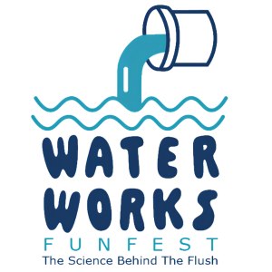 Water Works Funfest logo featuring a blue pipe pouring water into waves, with bold 'WATER WORKS' text and the tagline 'The Science Behind The Flush'.